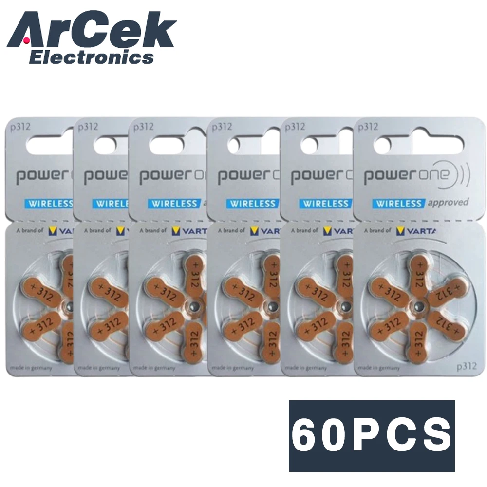 Фото 60 шт. оригинальные аккумуляторы для слуховых аппаратов Powerone 312 a312 P312 PR41 1,45 В, высокомощные цинковые таблеточные батарейки для ITC №1