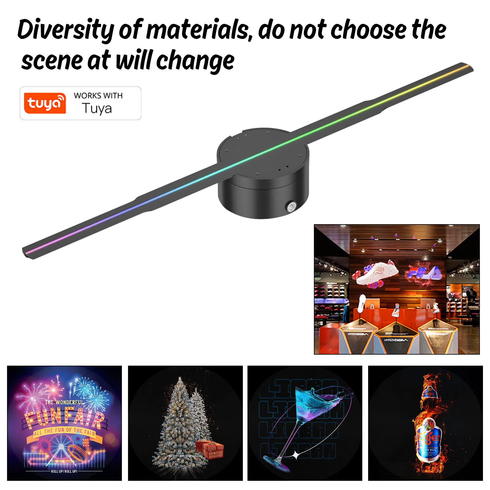 

3d голографический проектор, 266 светодиодов, неоновое освещение, Wi-Fi, беспроводное управление, поддержка Bluetooth, приложение для ПК, 3d световая реклама светильник Fan, логотип голографическая лампа светильник