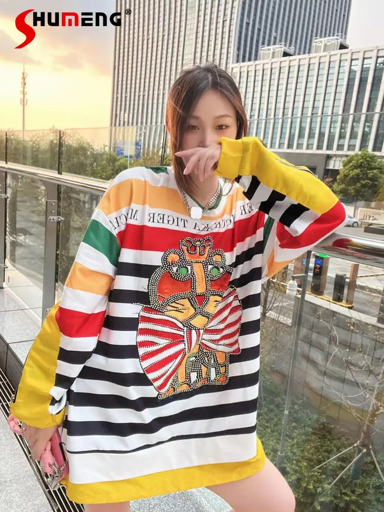 

Loose Color Matching Striped Cartoon Hoodies Women 2022 Autumn New Oversized Woman Hooded Long Sleeve Mid-length Sweatshirts