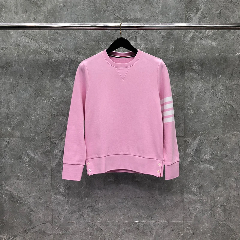TB Thom Women's Long Sleeve Crewneck Sweatshirt Classic 4 Bar Striped  Button Design Shirts Pullover Tops Women Pink Coat