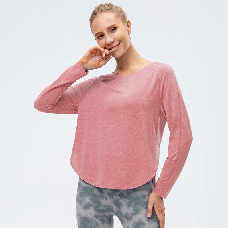 Women's Long Sleeve Workout Shirts Scoop Neck Sports Yoga Running Dry Fit Tops Basic Loose Fit Side Split Activewear