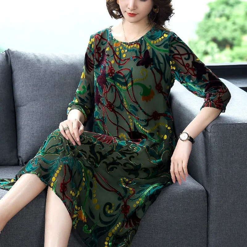

Mesh Pirnting Flower Dress Female 2022 New Spring Autumn Temperament Ladies Loose Light Luxury Fashion Robes Dress K52