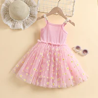 new 2022 summer cute daisy party dresses ribbed fabric knee length kids clothes girls princess suspenders dress dz9211