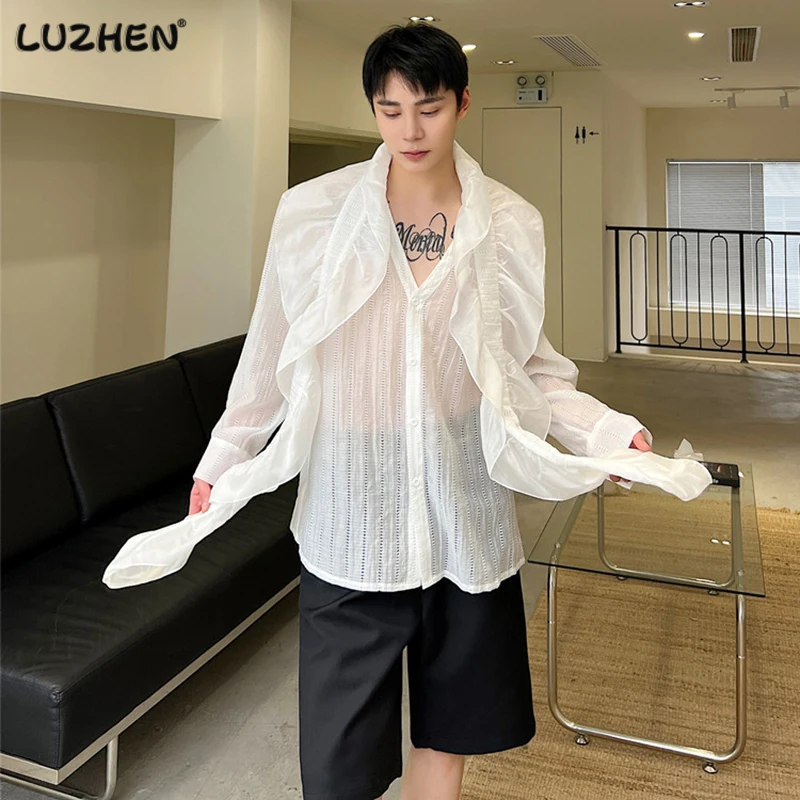 

LUZHEN 2023 Summer Stylish Thin Translucent Ribbon Decorate Design Men's Casual Shirts Trendy Long Sleeve Elegant Clothes 577af5