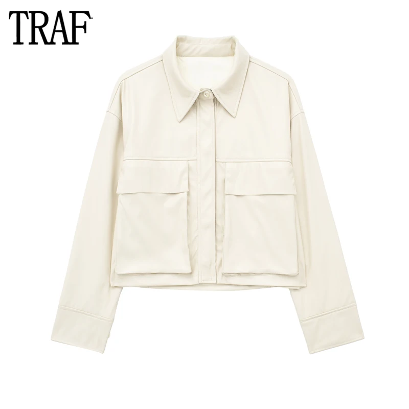 

TRAF Faux Leather Jacket Women Beige Cropped Bomber Jackets for Women Long Sleeve Cargo Jacket Woman Coats Button Women's Jacket