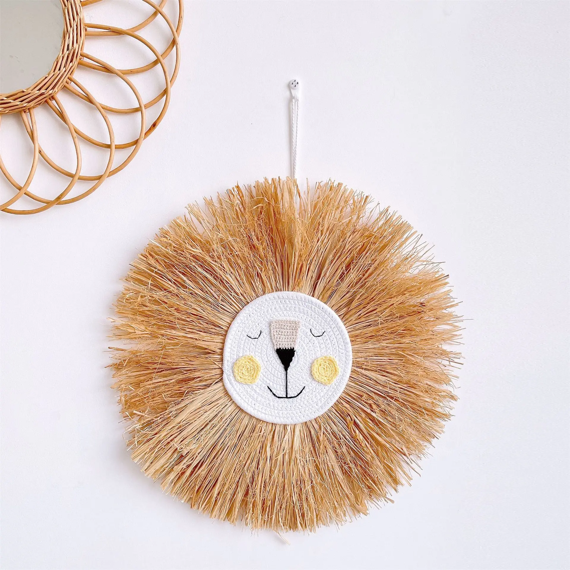 

Nordic Hand-Woven Tiger Lion Wall Decoration Handmade Raffia Hanging Ornament for Baby Room Nursery Photo Props Chambre Fille