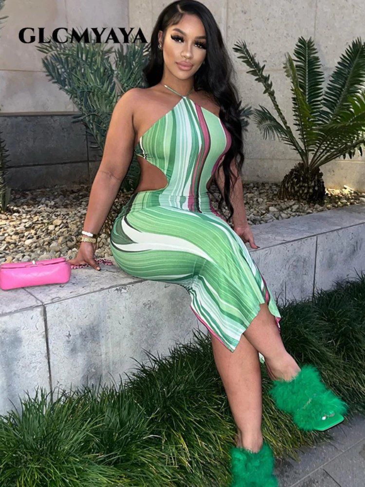 

CMYAYA Women Striped Chic Halter Neck Sleeveless Cutout Mxi Long Midi Bodycon Dress Sexy Party Prom Evening Dresses Vestidos