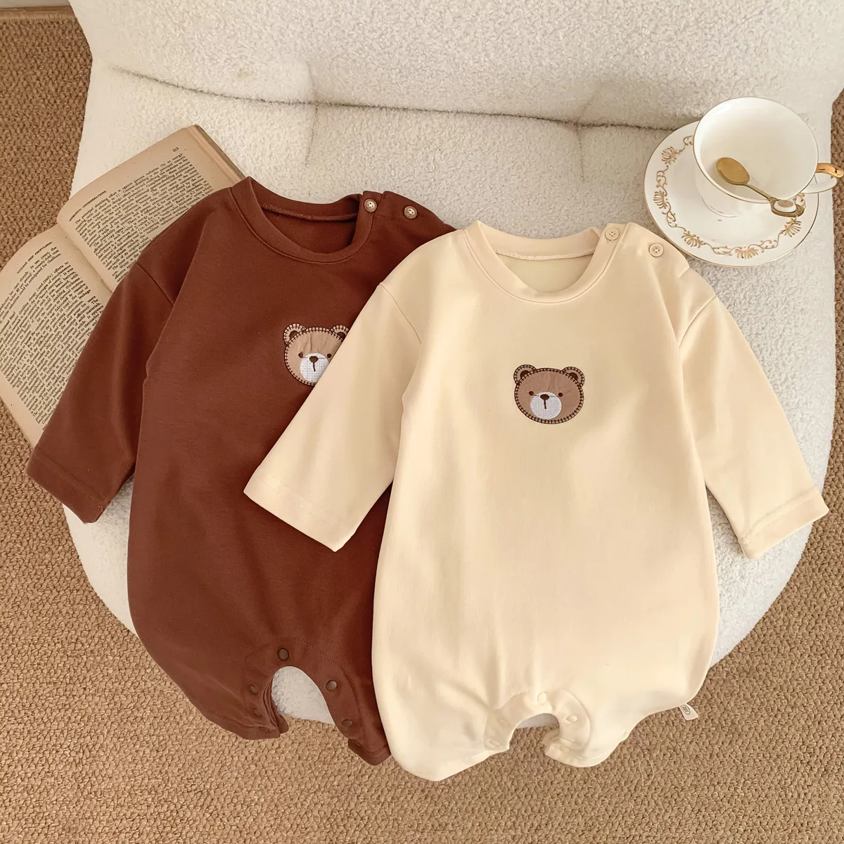 Newborn Beige Jumpsuit For Boys And Girls In Spring And Autumn, Cartoon, Coffee Color, Cute Clothes For Babies Aged 0-2