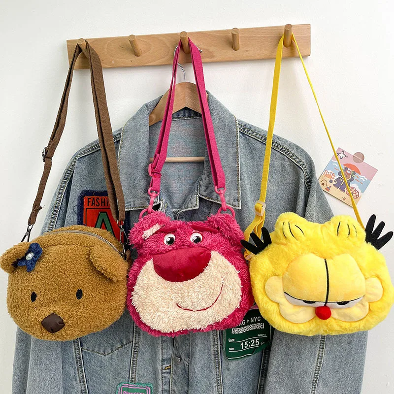 Plush Toys Garfield Strawberry Bear Animation Cartoon Plush Filled Kid Backpack Handbag Cosmetics Storage Messenger Girl Gift