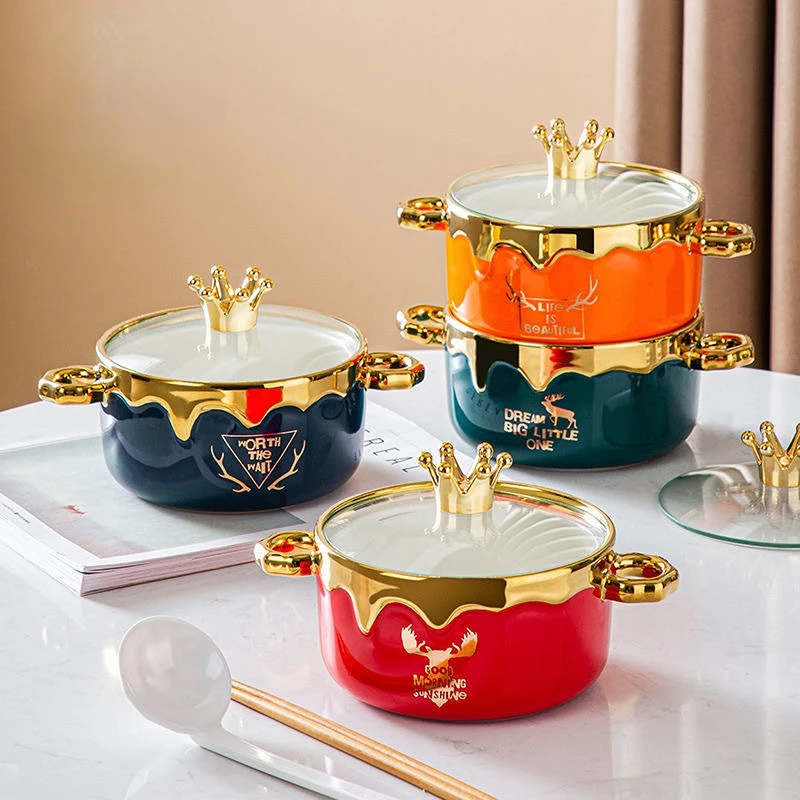 

Elk forest ceramic instant noodle bowl with cover student dormitory creative noodle bowl household double ear salad bowl