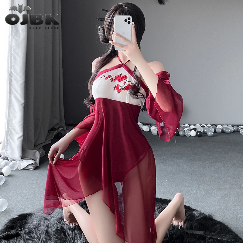 

OJBK 3PCS Women Sleepwear Halter Embroidery Mesh Underwear Nightgowns Chinese Sexy Lingerie Dress Blossom Satin Chemise Set 2022
