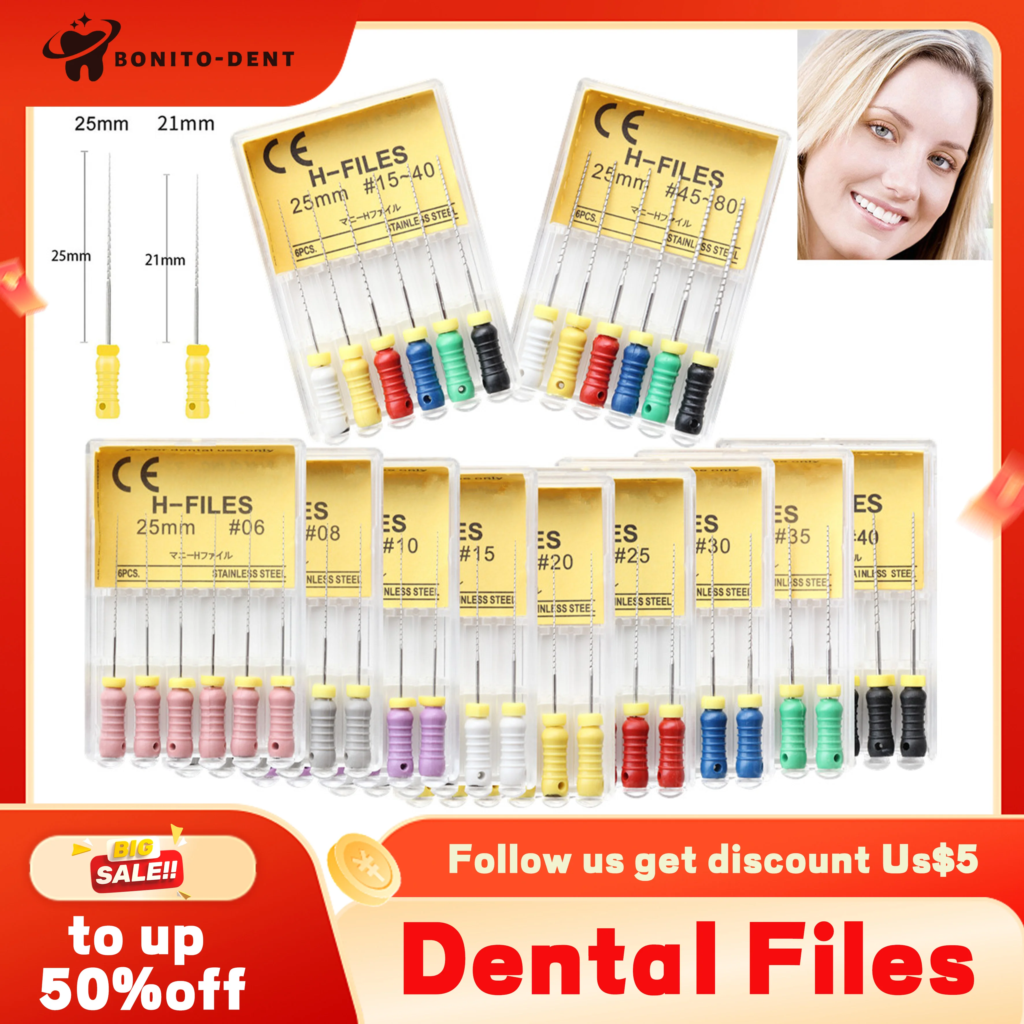 Стоматологические ручные H-файлы 21/25 мм из нержавеющей стали эндодонтические