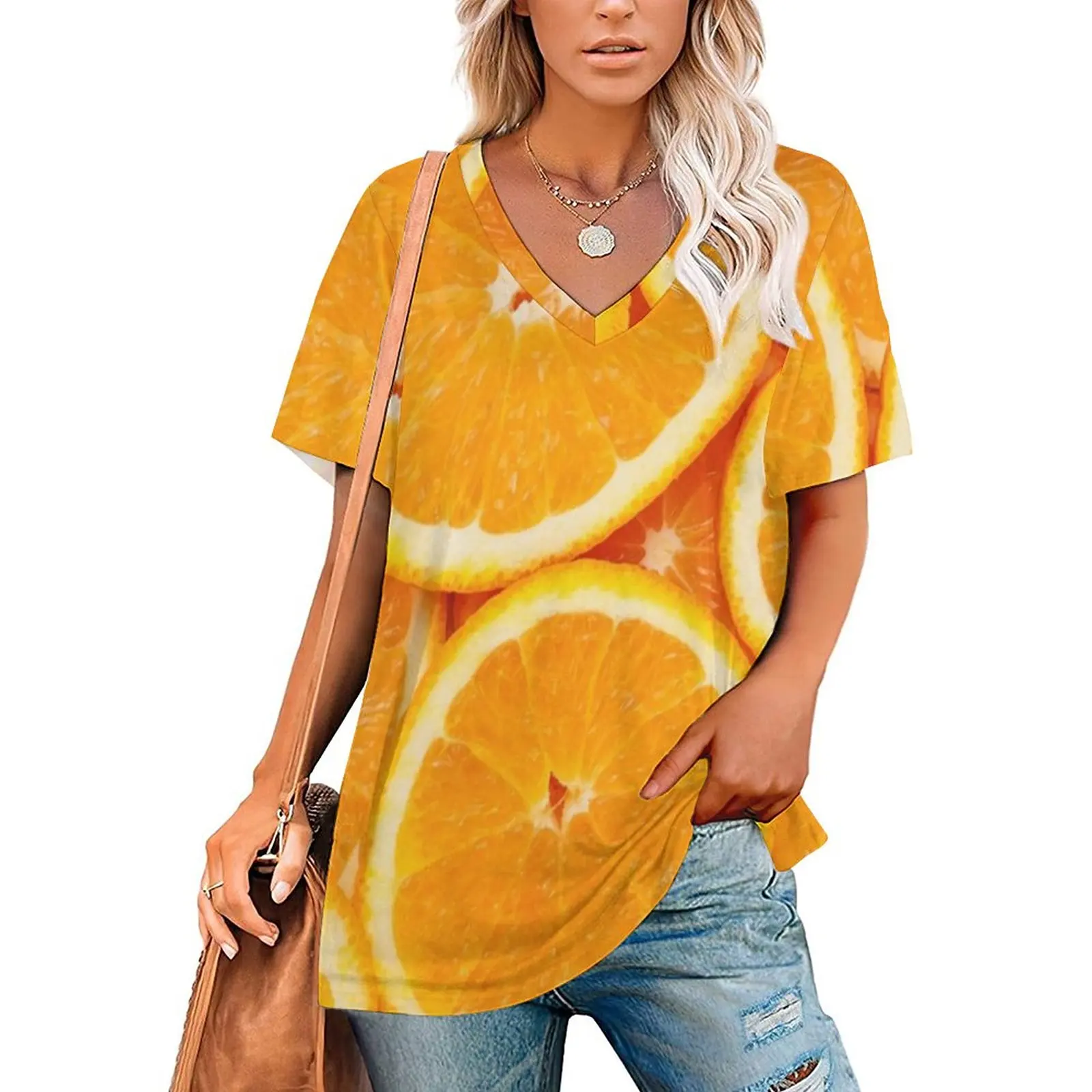 

Orange Slices T Shirt Fresh Oranges Print Pretty Oversized T Shirts Short-Sleeve V Neck Casual Tees Women Summer Stylish Clothes
