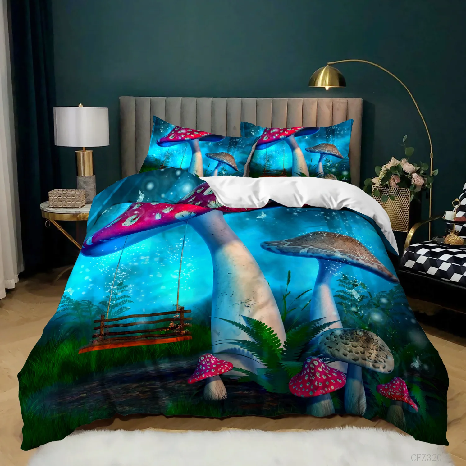 

Mushroom Duvet Cover King/Queen Size Magic Forest Colorful Cute Psychedelic Mushrooms Polyester Bedding Set for Kids Multicolor