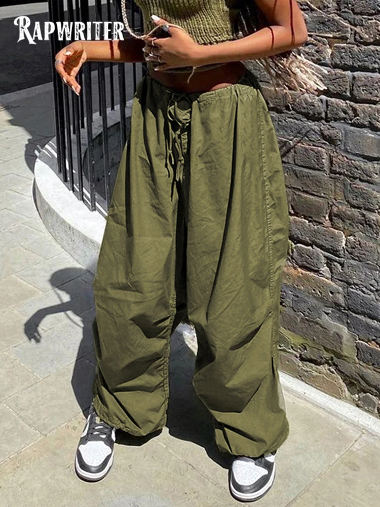 

Rapwriter Stylish Pocket Women Cargo Pants y2k Drawstring Mid Waist Jogger Pants Harajuku Baggy Sweatpants 90s Overalls Trousers