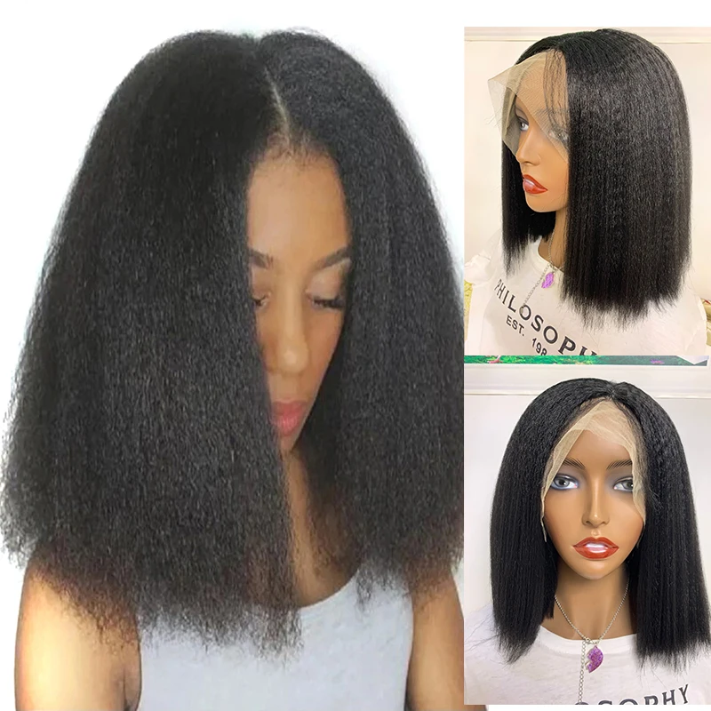 

Yaki 180% Density Short Cut Bob Synthetic Kinky Straight Lace Front Wig For Black Women Daily Cosplay Babyhair Natural Hairline