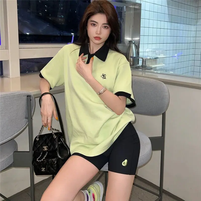 

Summer Ladies Short Sleeve Premium Avocado Green Top Embroidered Colorblock Polo Shirt Casual Commuter T-Shirt