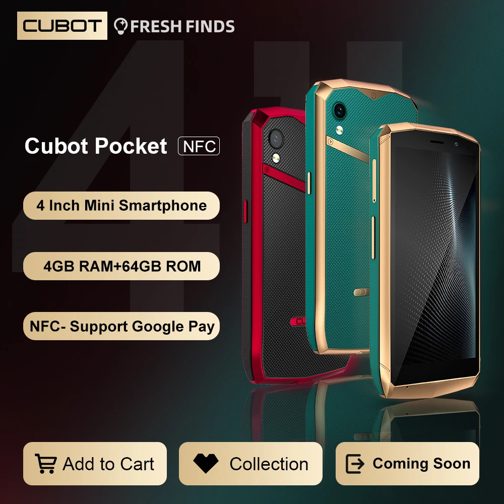 [2022 NEW] Cubot Pocket, 4 Inch Mini Phone, Android Smartphone, NFC, 4GB RAM, 64GB ROM (128GB extended), 16MP Camera, Dual SIM