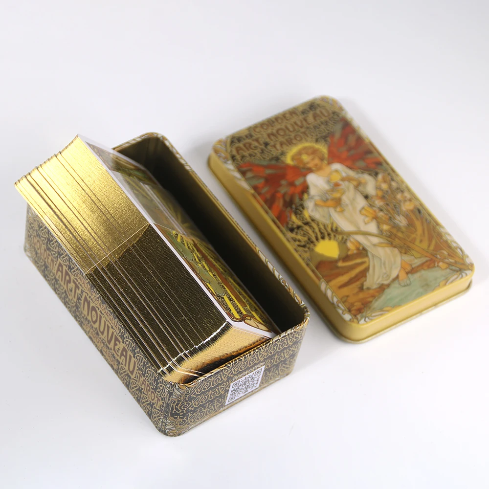 Golden Art Nouveau Tarot Cards In Metal Box Gilded Edge With E-Guide Book For Beginners Board Games For Adult