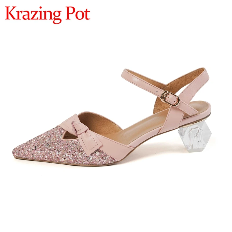 

Krazing Pot Big Size 42 Sequined Cloth Pointed Toe Strange Style Crystal High Heels Slingbacks Butterfly-knot Women Pumps L66