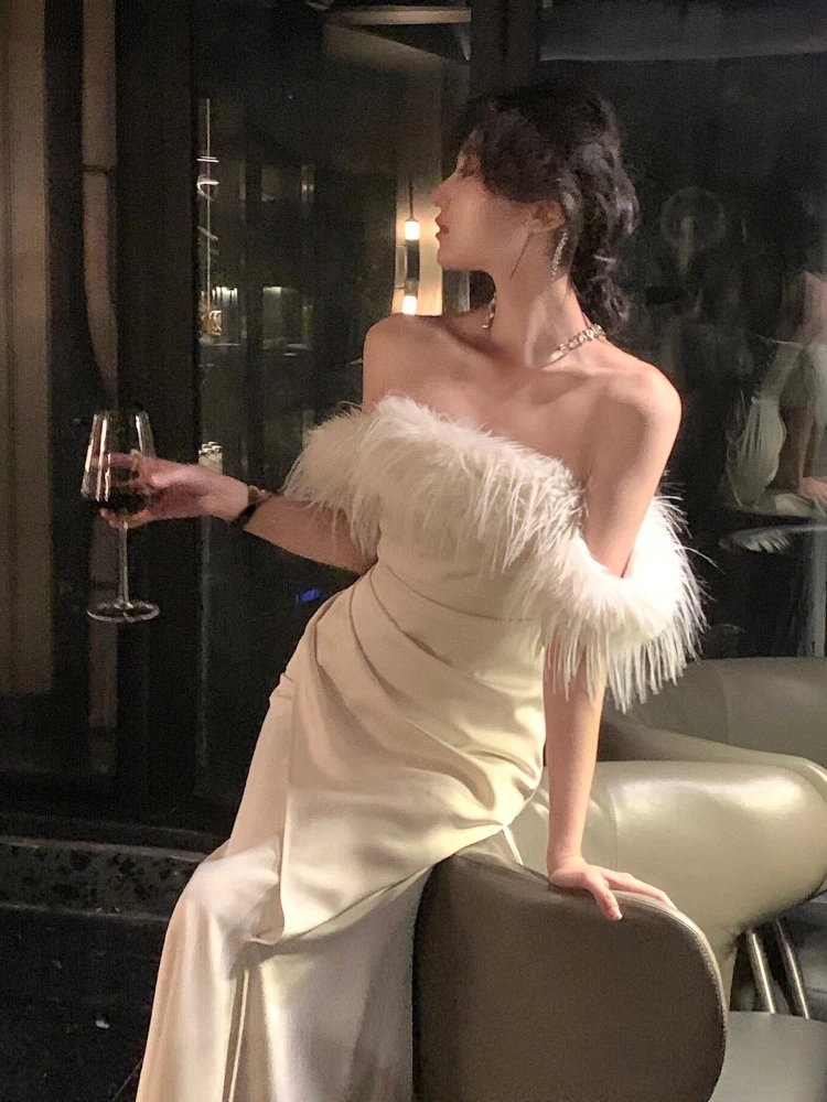 

2023 France Vintage Luxury Wedding Formal Occasion Dresses Women Autumn New Sexy Bodycon Bandage Party Midi Dress Office Lady