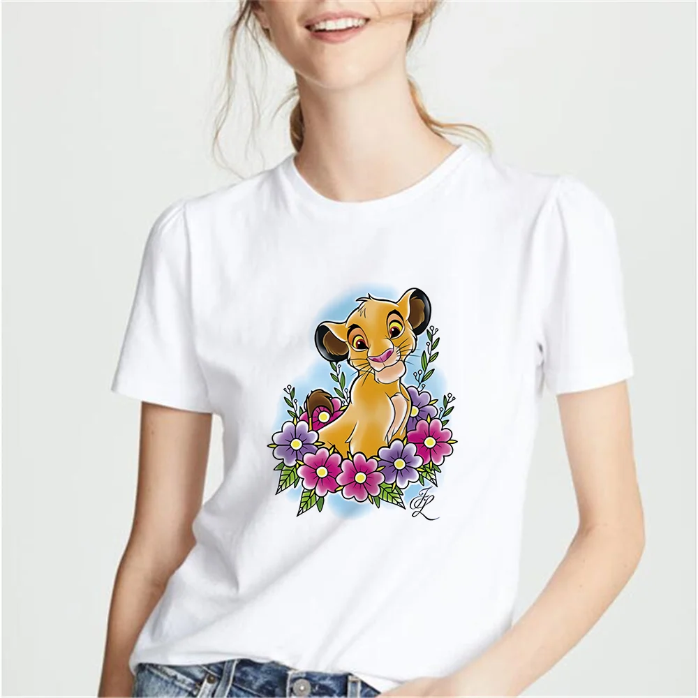 

Summer Disney Simba Cartoon Women Graphic Print Tee Female Clothes O-Neck Casual Short Sleeve Base T-Shirts White Large Size
