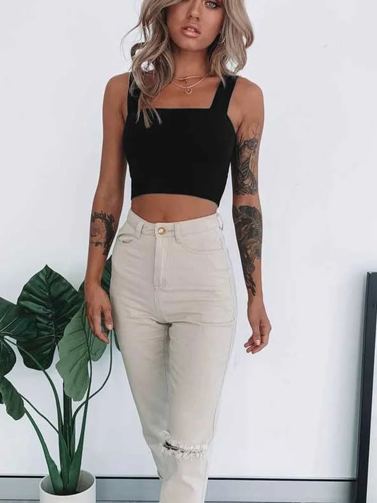 

Кроп-топ женский с квадратным вырезом, модная пикантная футболка без рукавов, базовая Повседневная белая майка с открытой спиной и открытым...