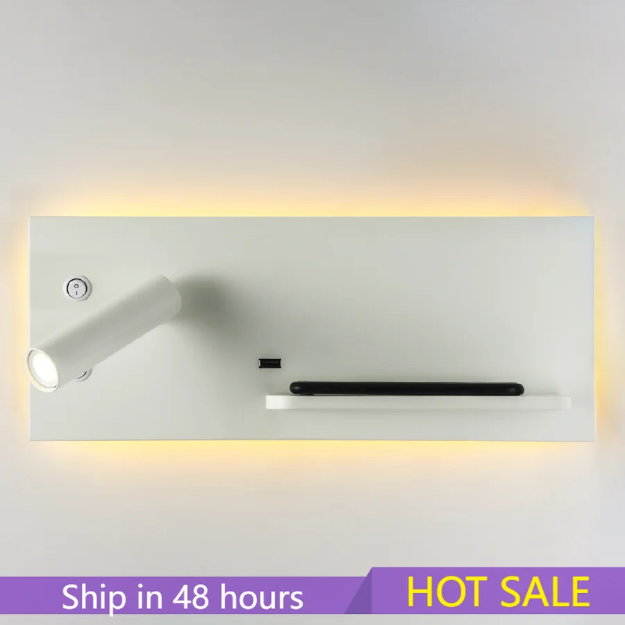 

Wall Light Bedroom Lamp With Swich LED Phone Wireless Charger Shelf Headboard Bedroom Read Modern Loft Room USB Luminaire Wood