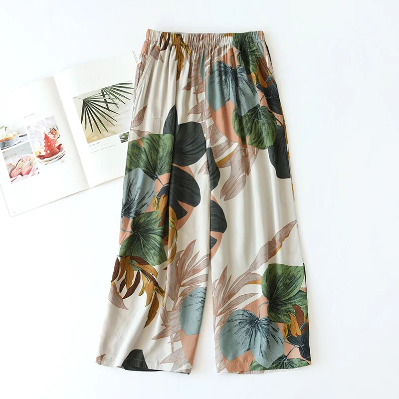 Homewear Pants Summer Casual Pyjama For Mom Cozy Plus Sleepwear Ventilate Soft Cotton Flower Print Pant