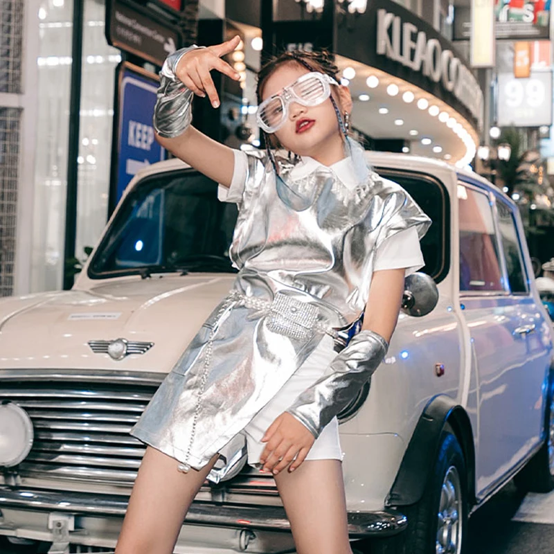 Silver Hip Hop Costume Girls Futuristic Clothing Dancer Outfit Runway Costume Concert Outft Stage Wear Festival Clothing DL9659