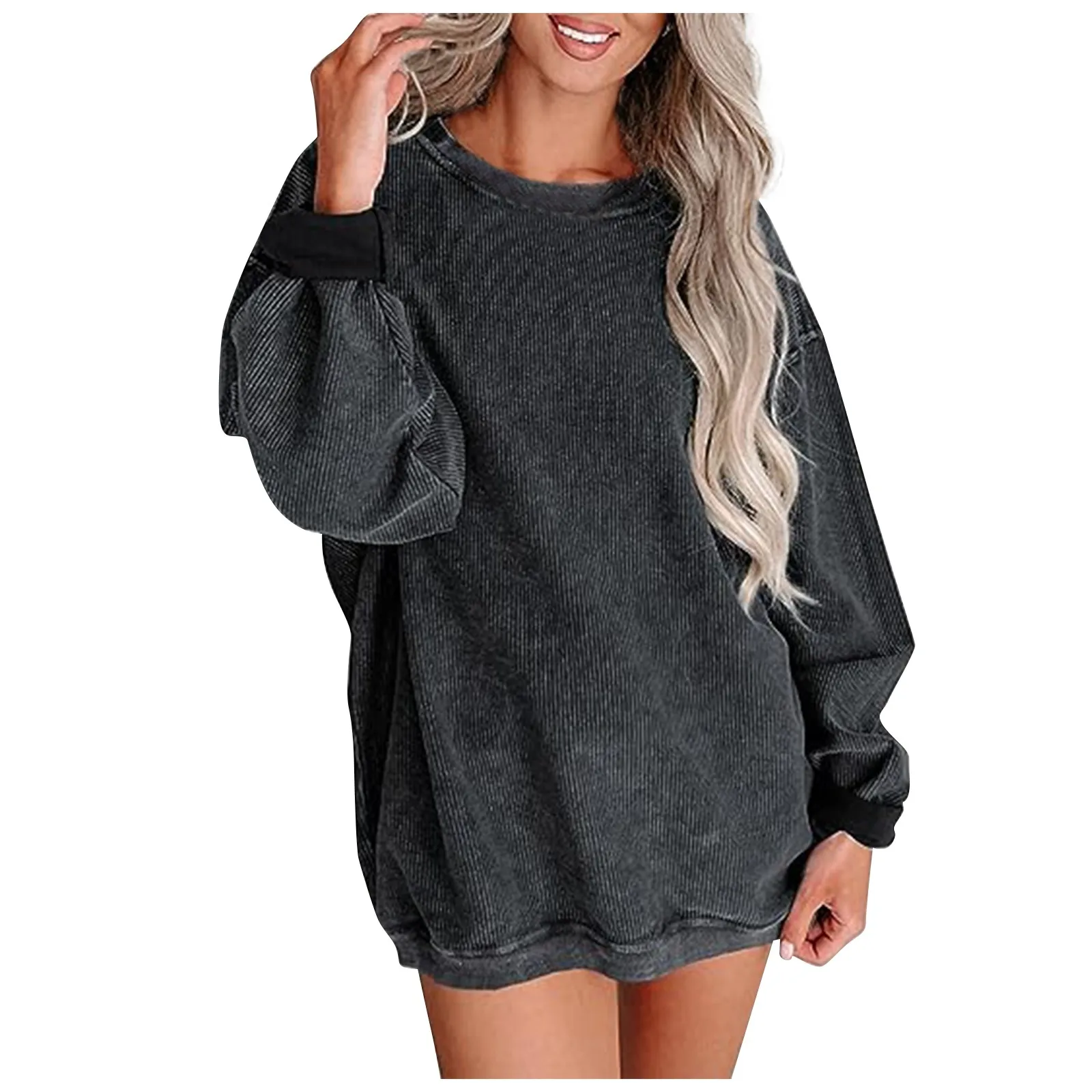 

Женская Повседневная Толстовка Оверсайз, Осенний пуловер с длинным рукавом и круглым вырезом, модные женские однотонные топы, женская уличная одежда