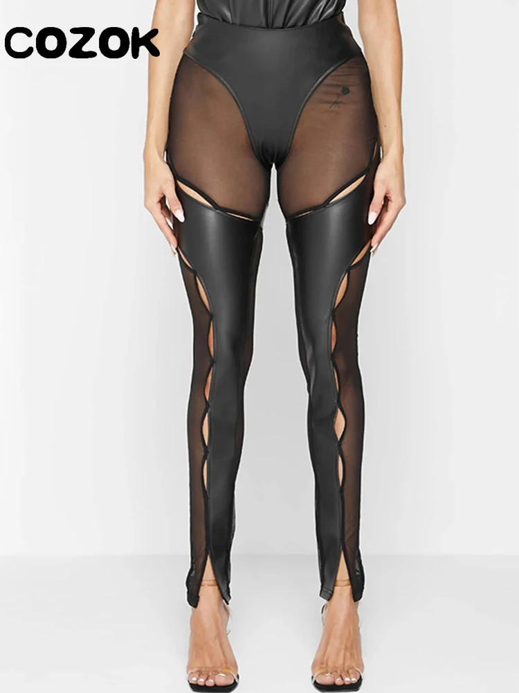 

Cozok 2023 лето осень сетчатые прозрачные Лоскутные кожаные обтягивающие брюки женские сексуальные прозрачные леггинсы с высокой талией для ночного клуба