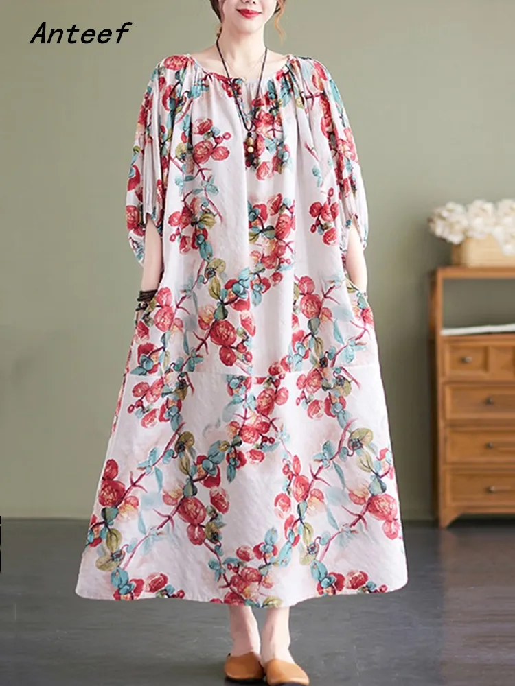 

Anteef short sleeve oversized cotton vintage floral dresses for women casual loose long summer dress elegant clothing 2022