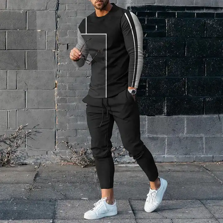 Men's Long Sleeve T-shirts and Pants Two Piece Black Classic Geometry 3D Printed Men's Sets Casual Suit nike tech fleece