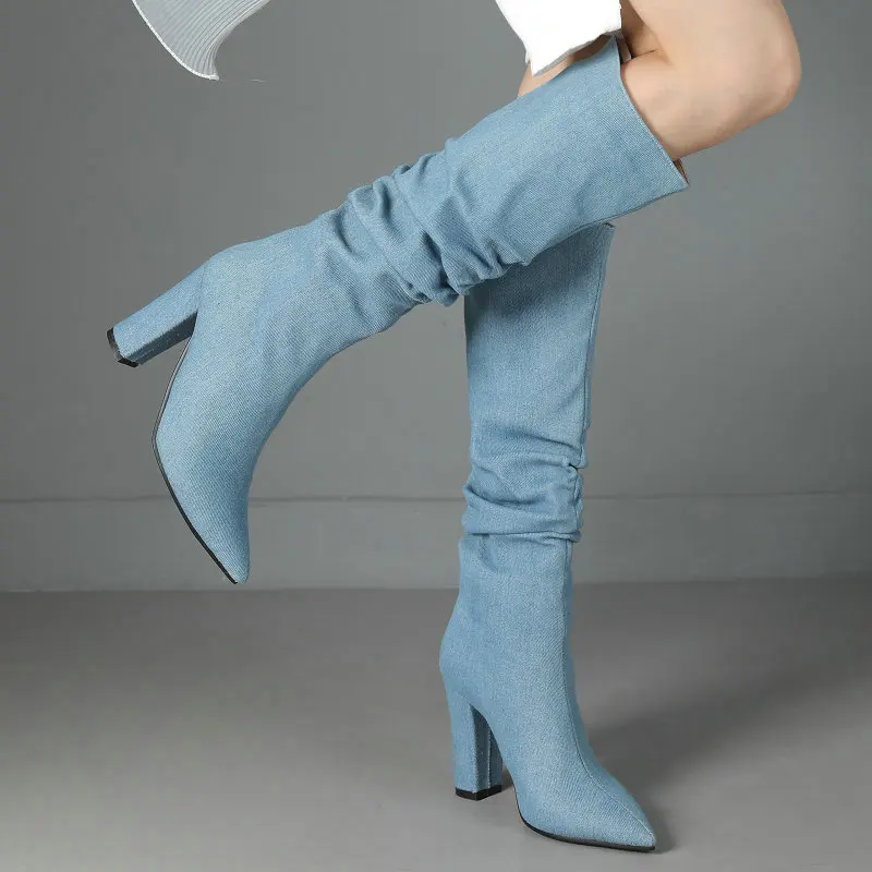 

2024 Charm Denim Jeans Blue Black Pointed Toe Stiletto Shoes Slip-on Winter Luxury Shoes Block High Heels Knee-high Women Boots