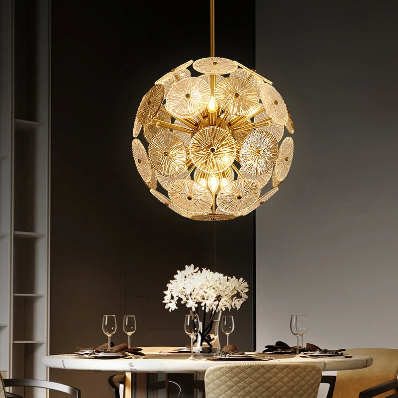 

Led Art Chandelier Pendant Lamps Lights Room Decor Modern Gold Disk Glass Creative Ball Villa Bedroom Interior Decoration Device