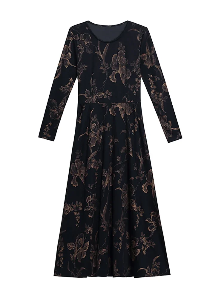 Осенне-зимнее черное длинное платье с винтажным принтом 2024 элегантное