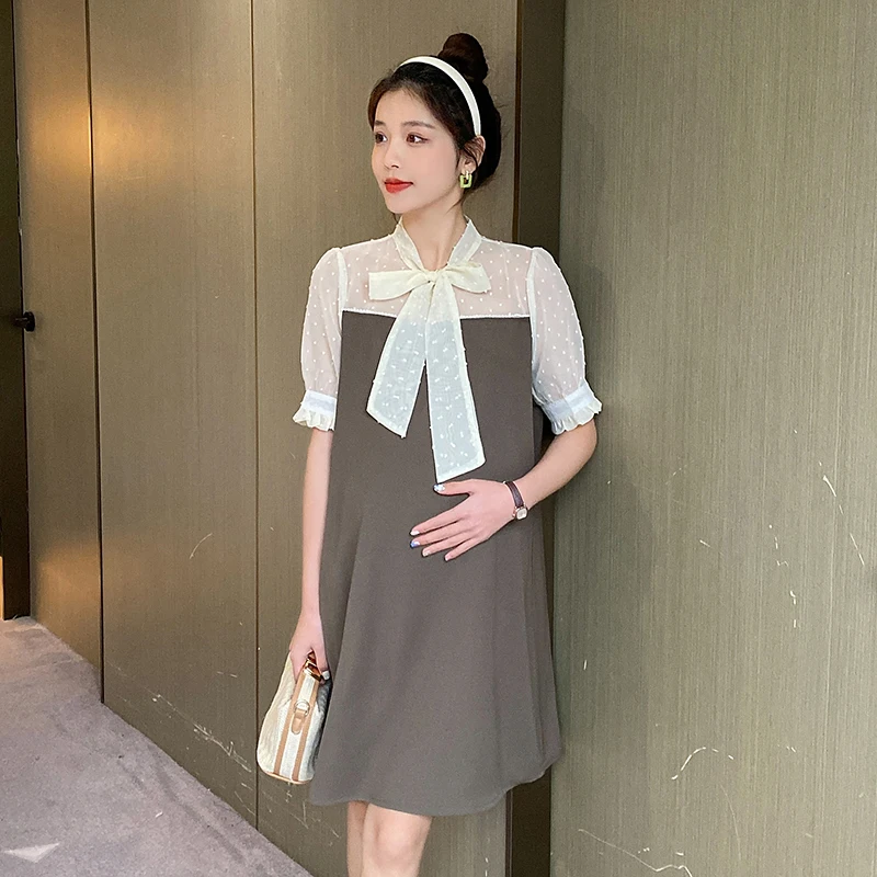 

Formal Maternity Summer Dress Short Sleeve Bowknot Collar Chiffon Patchwork Pregnant Woman A-Line Dress Elegant Pregnancy Dress