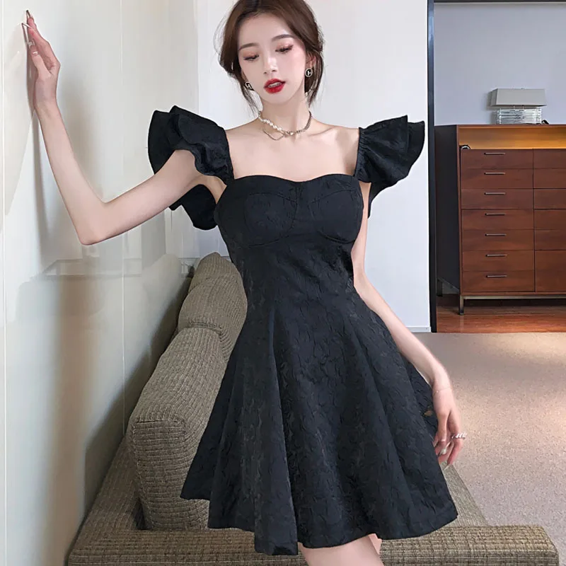 

Women Dress Vintage Sleeveless Fashion Spaghetti Strap One-Piece Black Solid Party Dresses French Temperament Ladies Vestidos