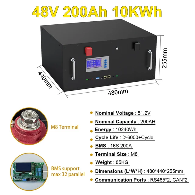 

Lifepo4 48V 200Ah Battery Pack 51.2 V 10KWh Energy Storage 16S 200A BMS with RS485 CAN max 32 Parallel