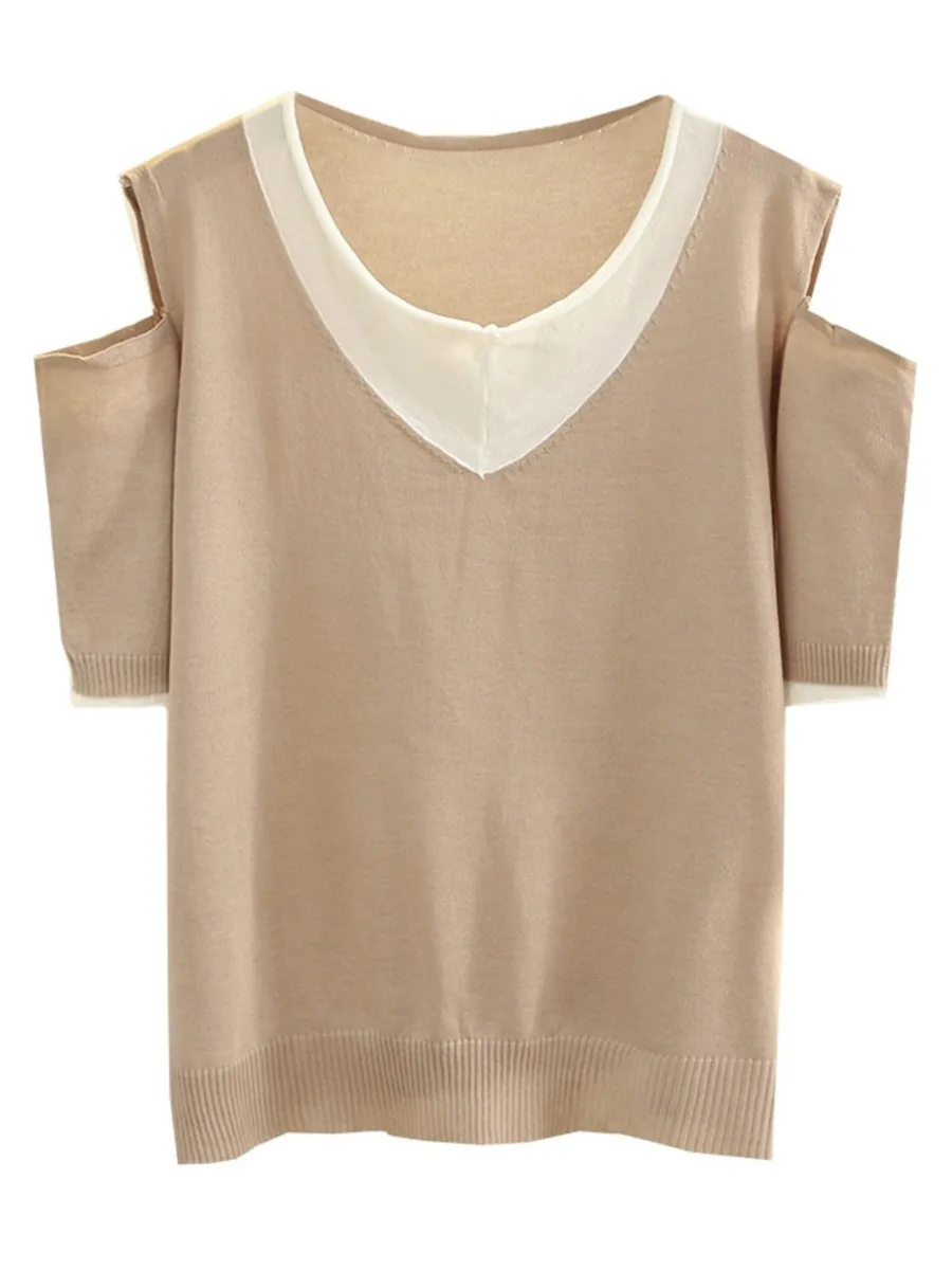 

Plus Size T-Shirt For Women 4xl Sexy Little Off Shoulder Ice Silk Knitted Spliced 2022 Summer Short Sleeve O-Neck Tops
