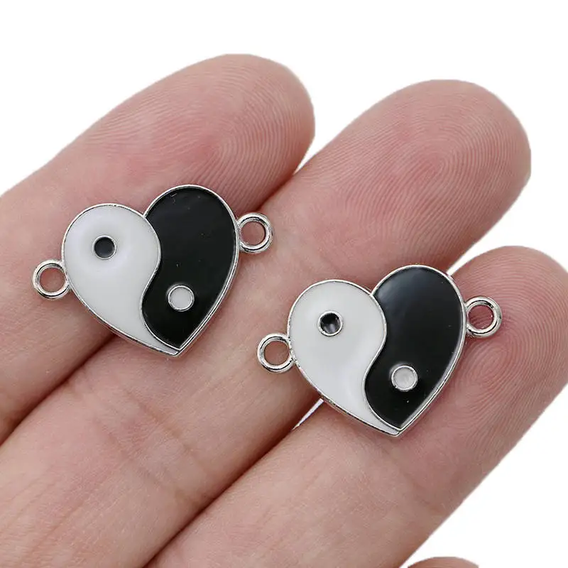 

10Pcs Silver Plated Enamel Heart Yinyang Charm Connector for Making Bracelet DIY Necklace Jewelry Accessories Handmade Craft