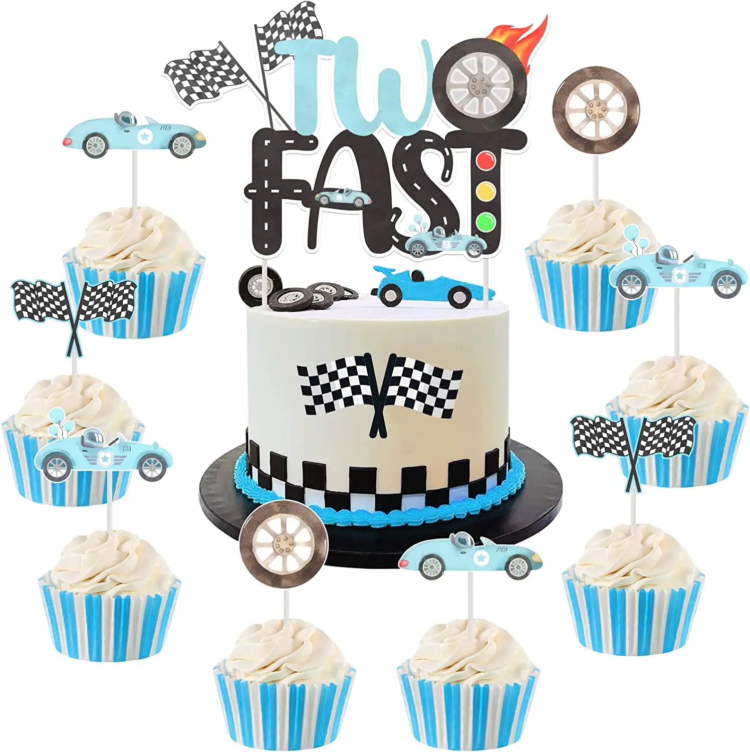 2nd Birthday Two Fast Cake Cupcake Toppers Racing 2 Years Old Party Supplies