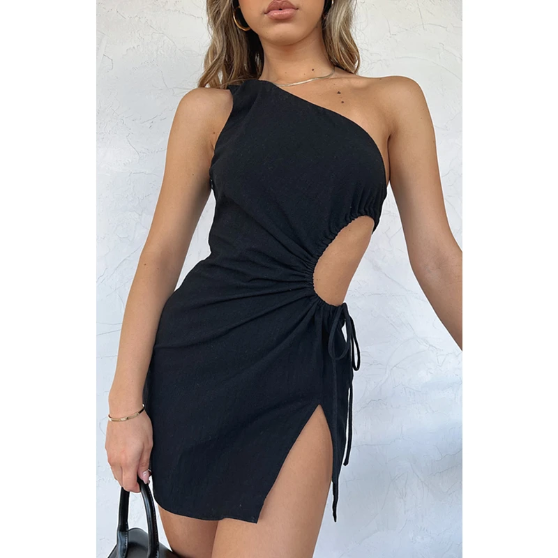

Summer Casual Party Mini Dress Women Solid Drawstring Hollow Out High Waist Sleeveless One Shoulder Split Vestidos Sexy Clubwear