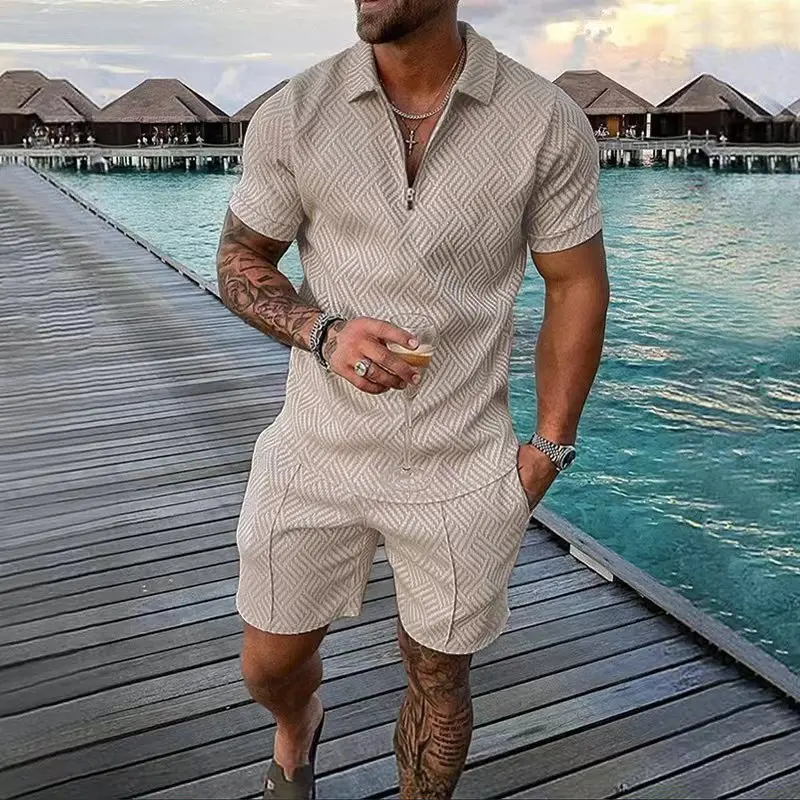 

2023 New Men's Suit 3D Color Stitching Print Summer Short Sleeve Polo Shirt Shorts Suit Fashion Zipper Polo Shirt Two Piece Sets