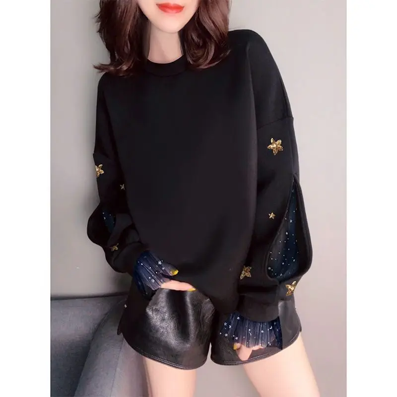 Simple Sweatshirt Women Lace Stitching Hole Sweater Black Crew Neck Pullover Women Fake Two-piece Top Designer Sweatshirt