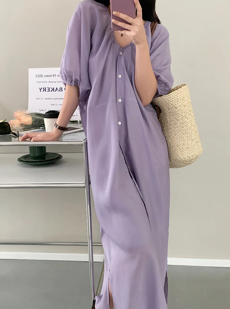 

Solid Tank Dress And Puff Sleeve V Neck Long Dress Purple Beige Black Women Maxi Dress