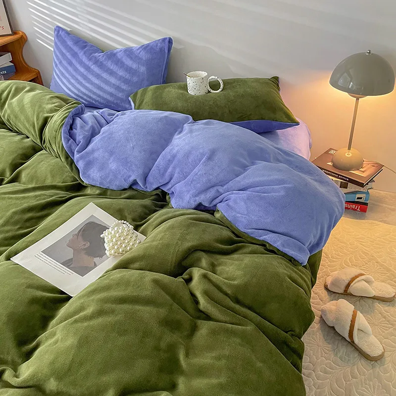 

Пододеяльник теплый зимний с молочным бархатным покрытием, однотонный зеленый чехол для кровати, размер King Size, без наволочки, одеяла для кровати, покрывало двойное