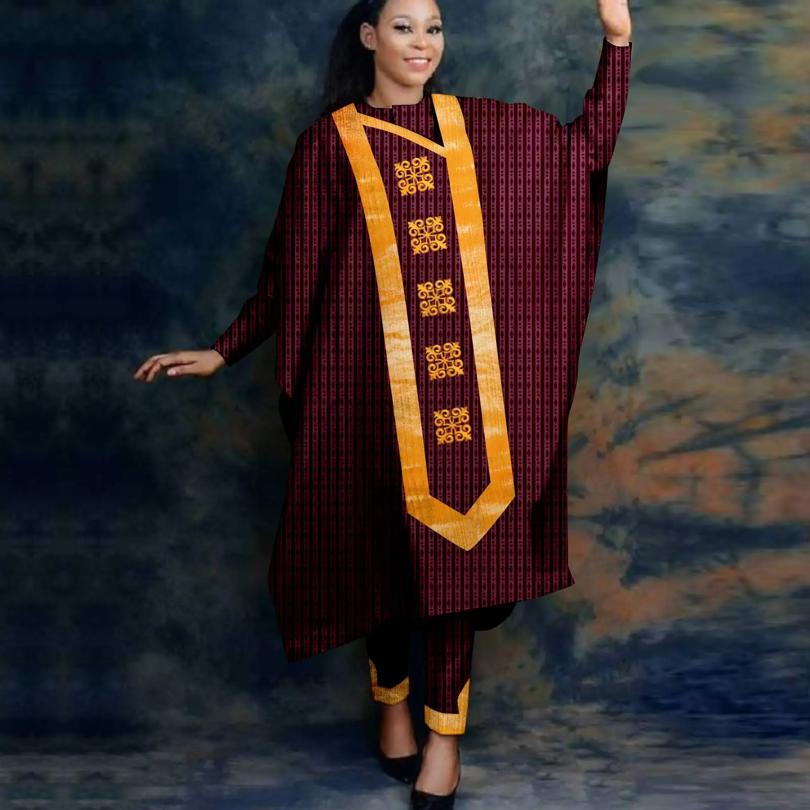 APTX African Women Set 3 Pieces Agbada Long Thobe +Full Sleeves Blouse + Slim Pants Daily Casual Wear A2226024