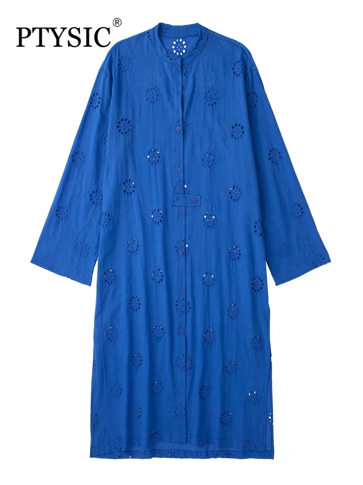 

PTYSIC женское винтажное вышитое ажурное прямое платье миди 2022 летнее однобортное Повседневное платье с длинным рукавом и разрезом